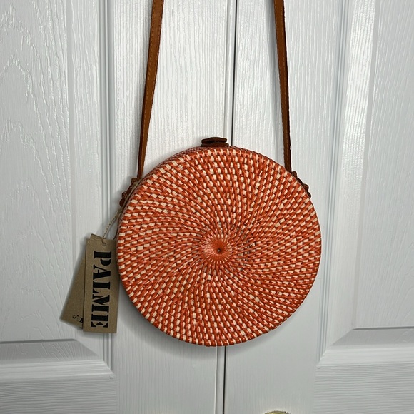 Rattan Circle Crossbody Bag Round Hand Woven Orange Lined Purse - Picture 2 of 8
